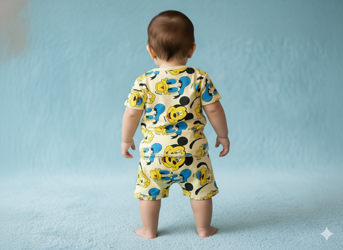 GenBeta Kids Boys & Girls Cotton Printed Half Sleeve Cord Set | Mickey & Friends Cartoon Print | Comfortable Summer Wear Shorts Set for Infants & Toddlers