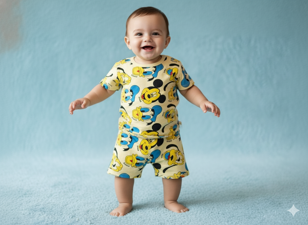 GenBeta Kids Boys & Girls Cotton Printed Half Sleeve Cord Set | Mickey & Friends Cartoon Print | Comfortable Summer Wear Shorts Set for Infants & Toddlers