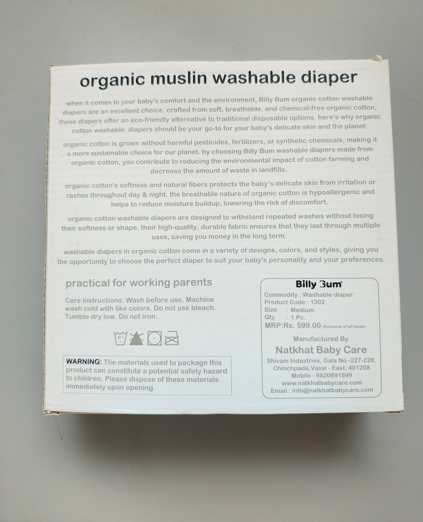Billy Bum Organic Muslin Washable Diaper | Soft, Reusable & Eco-Friendly Baby Cloth Nappy