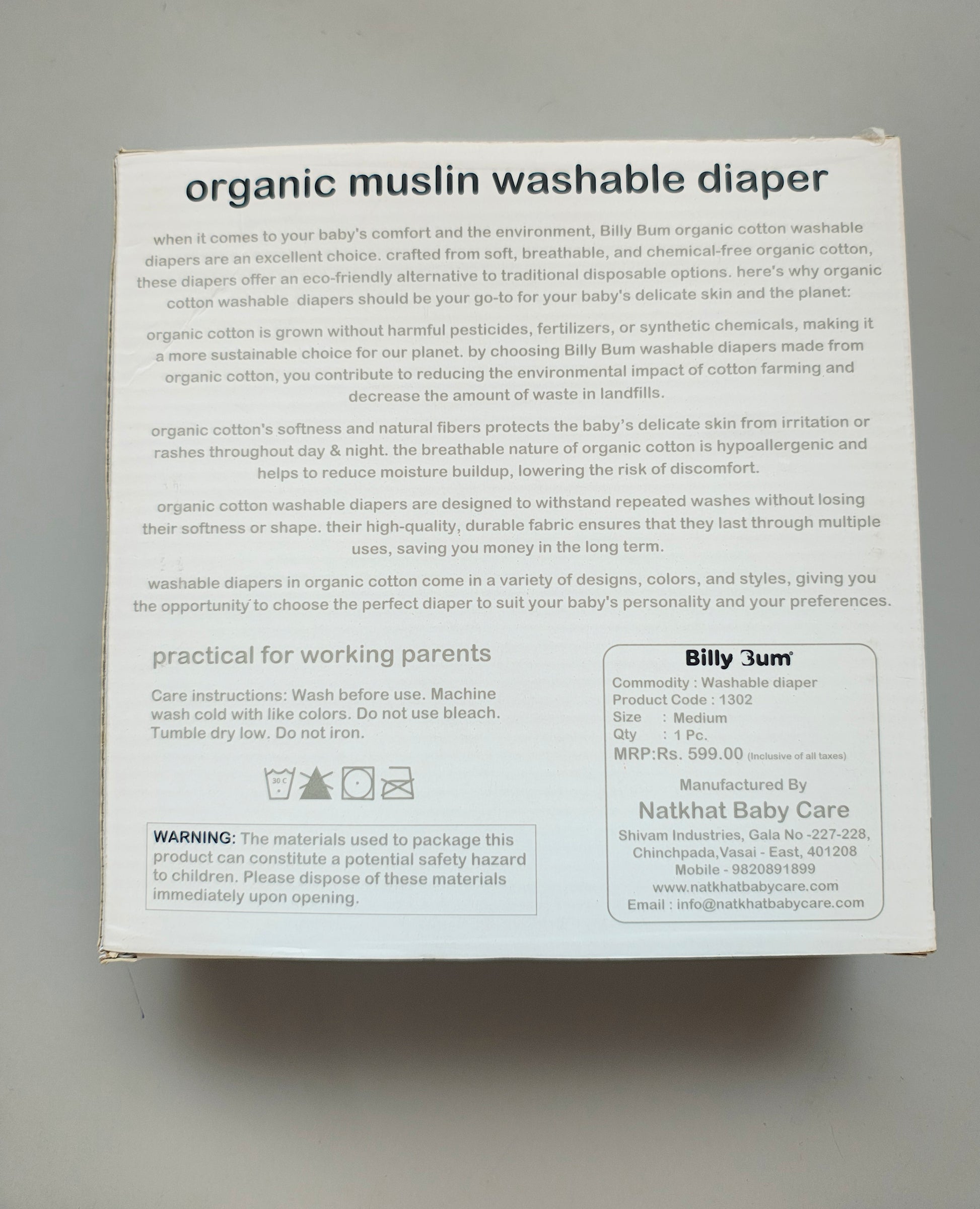 Billy Bum Organic Muslin Washable Diaper | Soft, Reusable & Eco-Friendly Baby Cloth Nappy