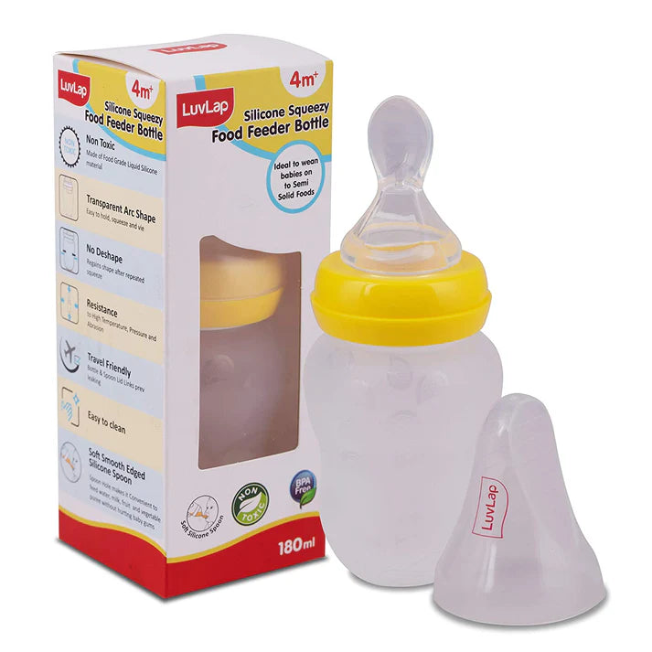 LuvLap Squeeze Food Feeder – 180 ml | BPA Free Silicone Baby Feeding Bottle with Spoon
