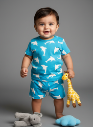 GenBeta Kids Boys & Girls Cotton Printed Half Sleeve Cord Set | Dolphin Print | Comfortable Summer Wear Shorts Set for Infants & Toddlers