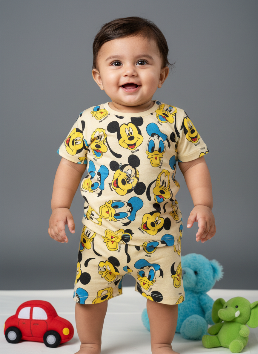 GenBeta Kids Boys & Girls Cotton Printed Half Sleeve Cord Set | Mickey & Friends Cartoon Print | Comfortable Summer Wear Shorts Set for Infants & Toddlers
