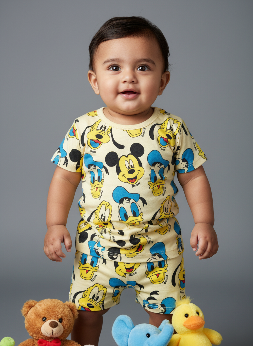 GenBeta Kids Boys & Girls Cotton Printed Half Sleeve Cord Set | Mickey & Friends Cartoon Print | Comfortable Summer Wear Shorts Set for Infants & Toddlers
