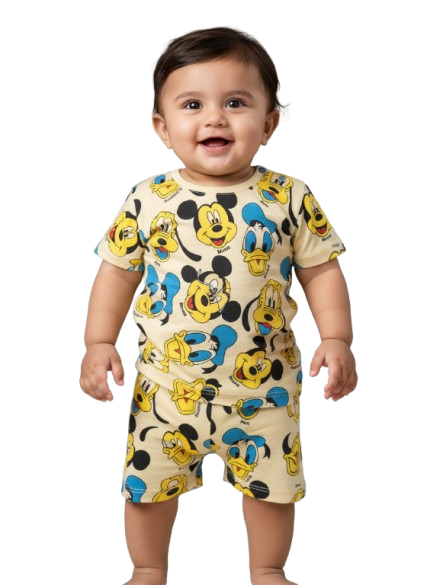 GenBeta Kids Boys & Girls Cotton Printed Half Sleeve Cord Set | Mickey & Friends Cartoon Print | Comfortable Summer Wear Shorts Set for Infants & Toddlers