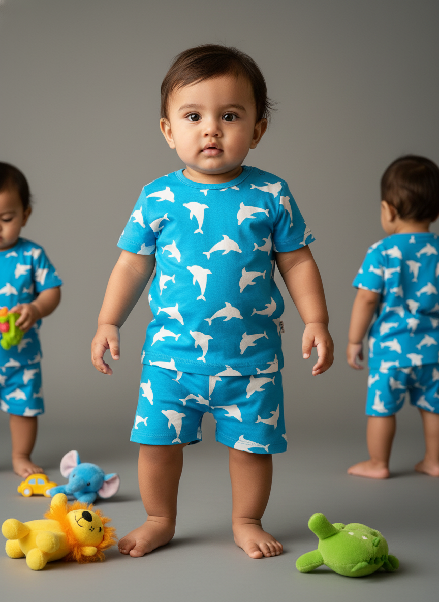 GenBeta Kids Boys & Girls Cotton Printed Half Sleeve Cord Set | Dolphin Print | Comfortable Summer Wear Shorts Set for Infants & Toddlers