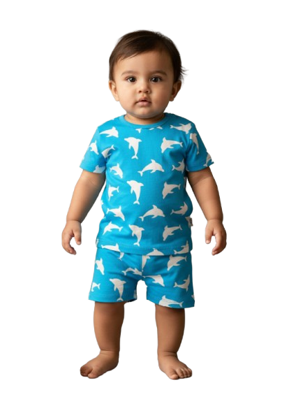 GenBeta Kids Boys & Girls Cotton Printed Half Sleeve Cord Set | Dolphin Print | Comfortable Summer Wear Shorts Set for Infants & Toddlers