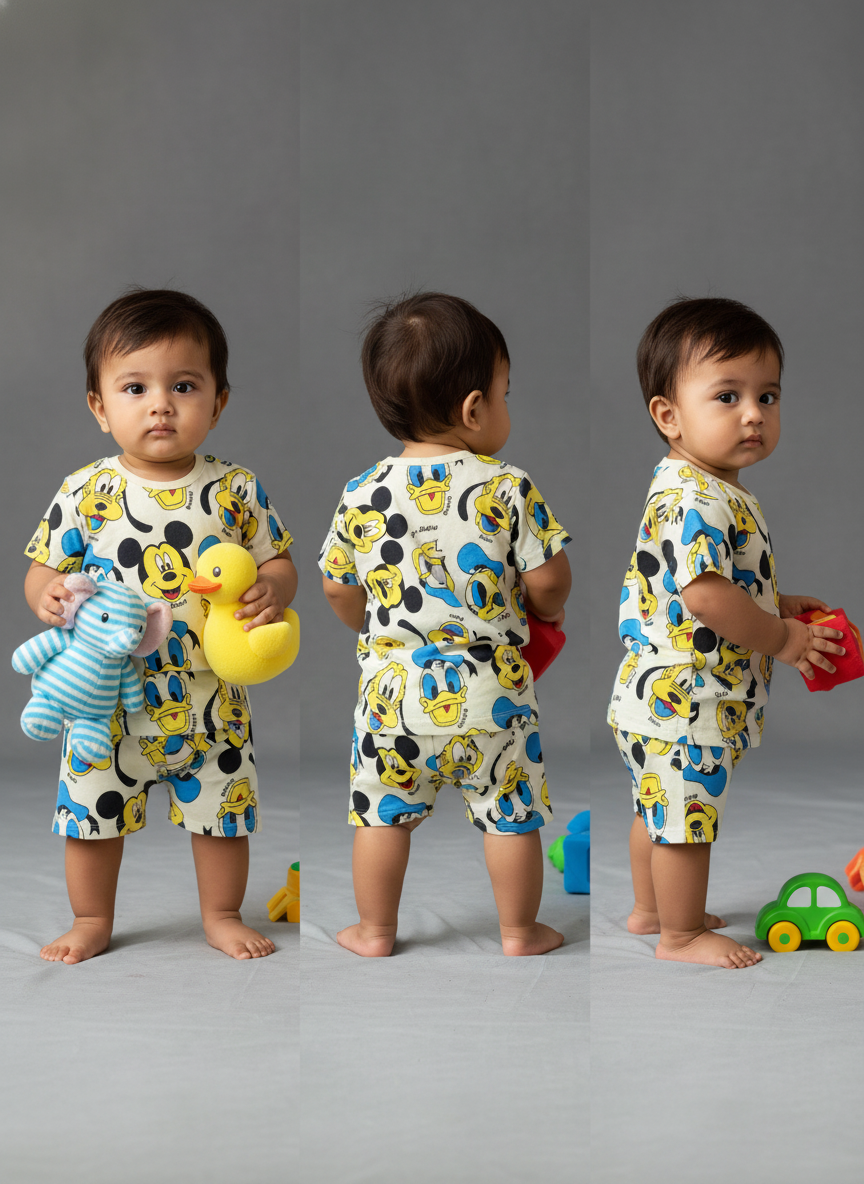 GenBeta Kids Boys & Girls Cotton Printed Half Sleeve Cord Set | Mickey & Friends Cartoon Print | Comfortable Summer Wear Shorts Set for Infants & Toddlers