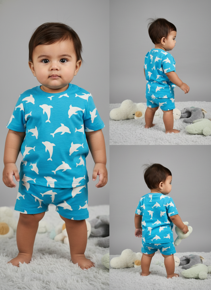 GenBeta Kids Boys & Girls Cotton Printed Half Sleeve Cord Set | Dolphin Print | Comfortable Summer Wear Shorts Set for Infants & Toddlers