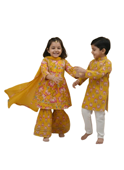 GenBeta Kids Sibling Ethnic Wear Set | Combo of Girls Floral Sharara Suit & Boys Kurta Pajama | Indian Traditional Festive & Wedding Outfit (Copy)
