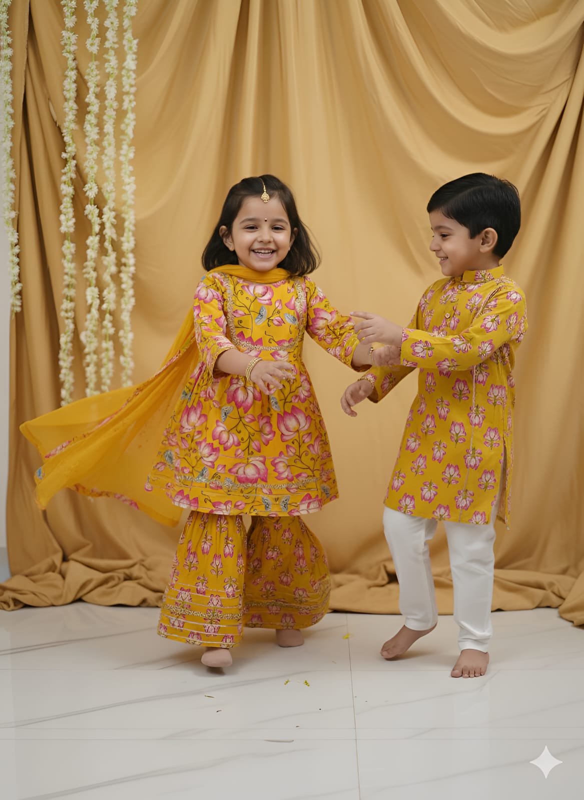 GenBeta Kids Sibling Ethnic Wear Set | Combo of Girls Floral Sharara Suit & Boys Kurta Pajama | Indian Traditional Festive & Wedding Outfit (Copy)