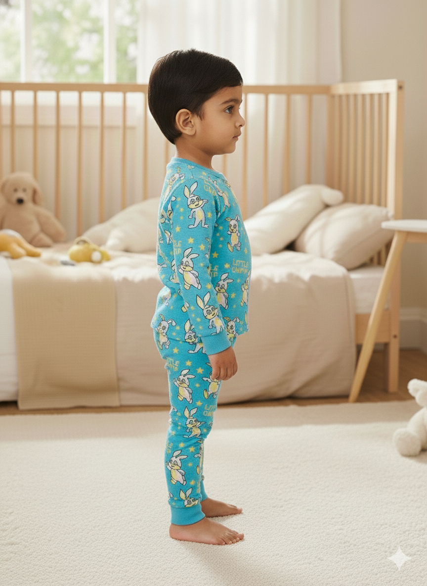 GenBeta Kids Unisex Cotton Baba Suit | “Little Champ” Bunny Print Full Sleeve Top & Pyjama Set for Boys & Girls (Standard, Blue, 1-2 Year)