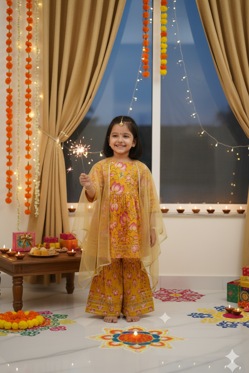 GenBeta Kids Girls Cotton Floral Print Kurti & Sharara Set with Gotta Work | 3/4 Sleeves | Festive & Ethnic Outfit