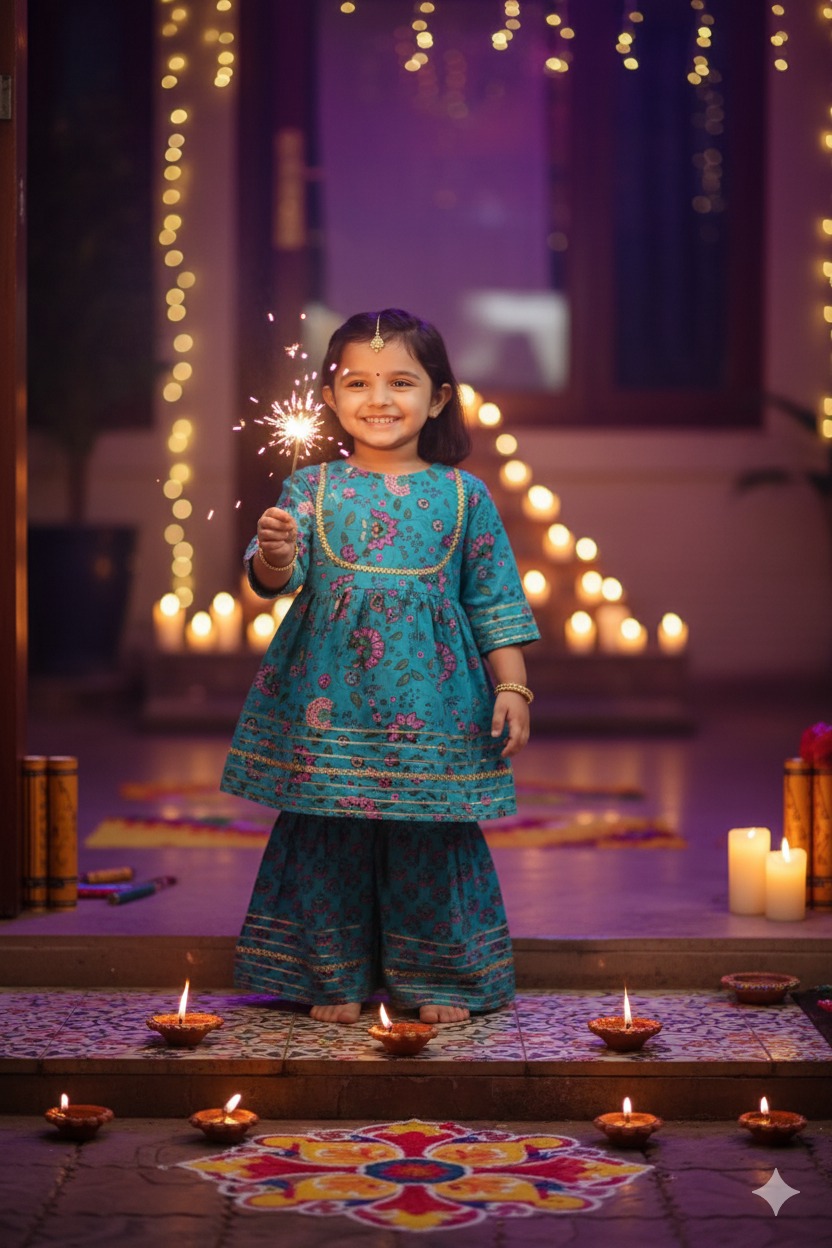 GenBeta Kids Girls Cotton Floral Print Kurti & Sharara Set with Gotta Work | 3/4 Sleeves | Festive & Ethnic Outfit