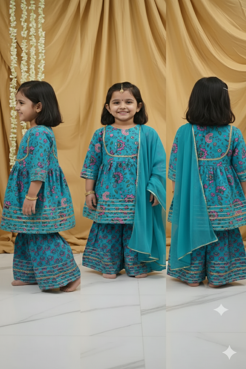 GenBeta Kids Girls Cotton Floral Print Kurti & Sharara Set with Gotta Work | 3/4 Sleeves | Festive & Ethnic Outfit