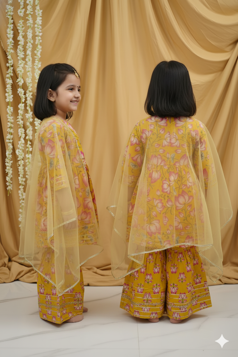 GenBeta Kids Girls Cotton Floral Print Kurti & Sharara Set with Gotta Work | 3/4 Sleeves | Festive & Ethnic Outfit