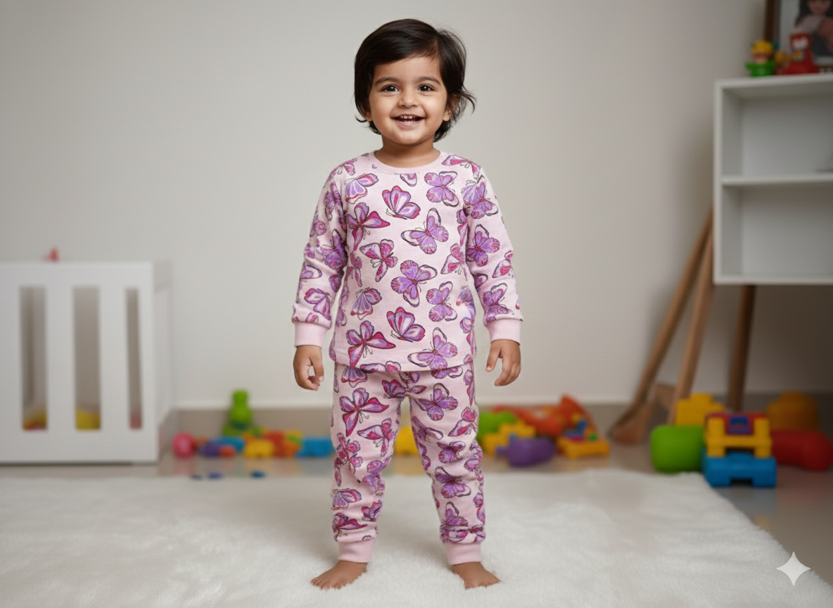 GenBeta KidsUnisex Cotton Baba Suit | Butterfly Print Full Sleeve Top & Pajama Set | Soft & Breathable Nightwear for Boys & Girls (1–4 Years)
