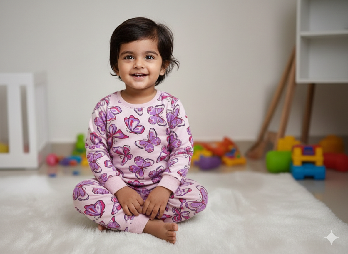 GenBeta KidsUnisex Cotton Baba Suit | Butterfly Print Full Sleeve Top & Pajama Set | Soft & Breathable Nightwear for Boys & Girls (1–4 Years)