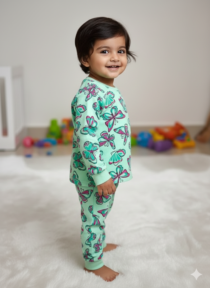GenBeta KidsUnisex Cotton Baba Suit | Butterfly Print Full Sleeve Top & Pajama Set | Soft & Breathable Nightwear for Boys & Girls (1–4 Years)