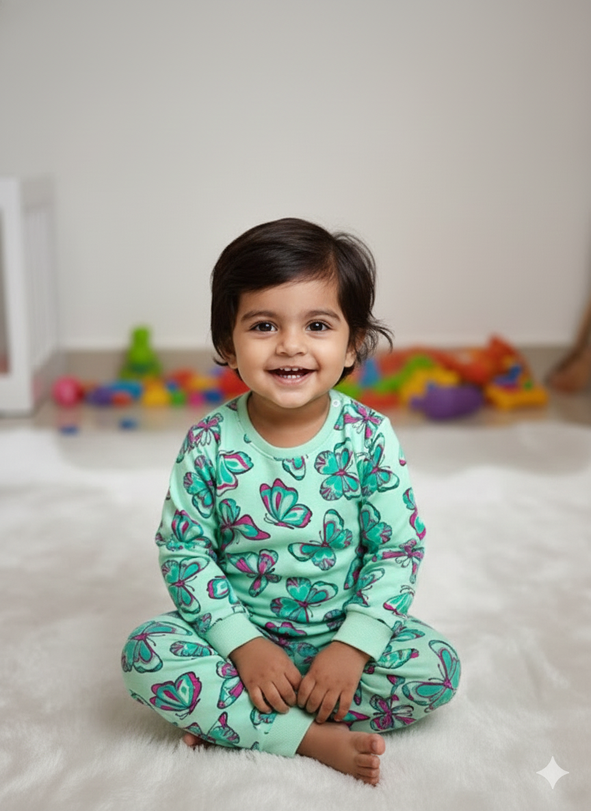 GenBeta KidsUnisex Cotton Baba Suit | Butterfly Print Full Sleeve Top & Pajama Set | Soft & Breathable Nightwear for Boys & Girls (1–4 Years)