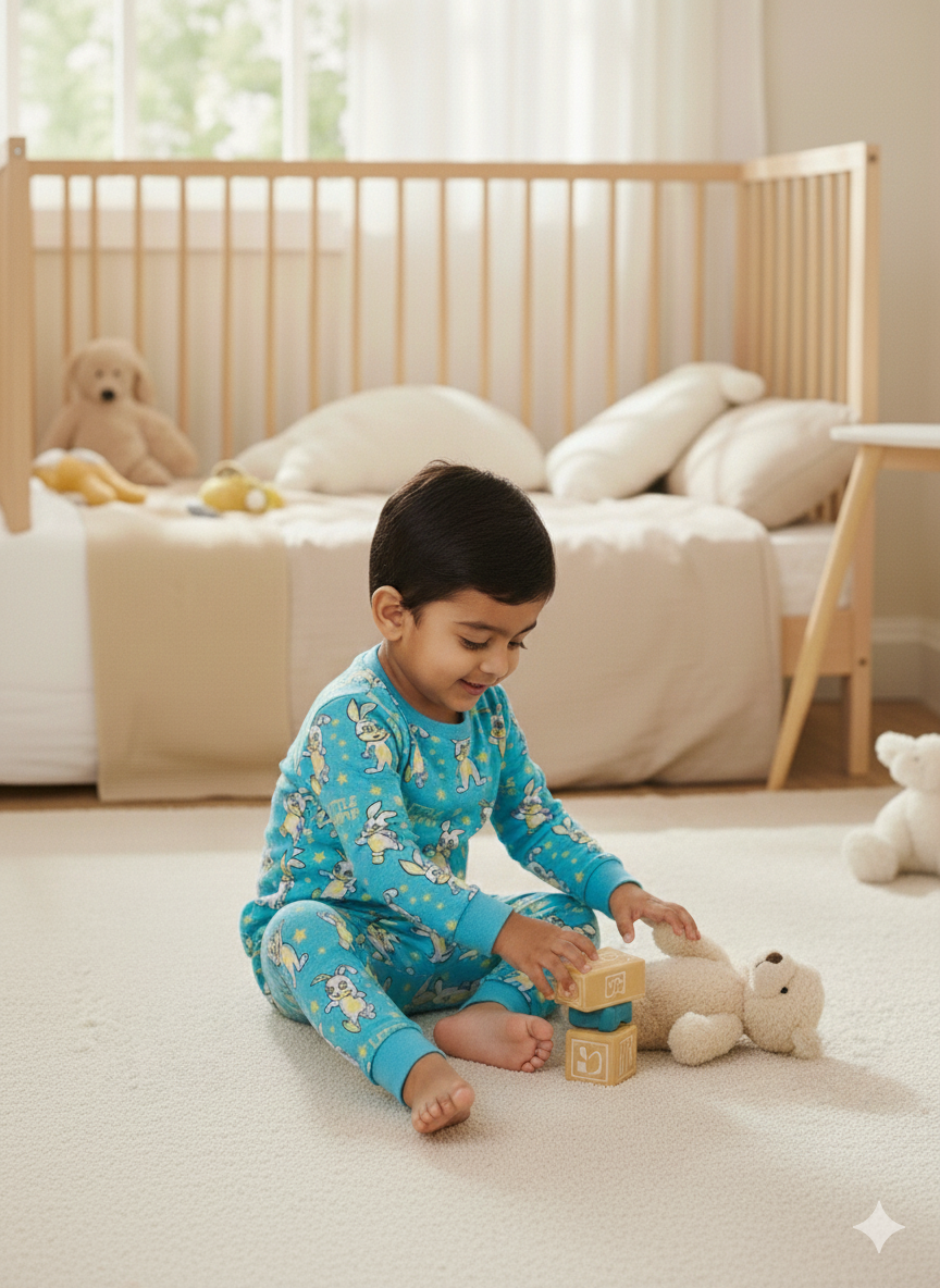 GenBeta Kids Unisex Cotton Baba Suit | “Little Champ” Bunny Print Full Sleeve Top & Pyjama Set for Boys & Girls (Standard, Blue, 1-2 Year)