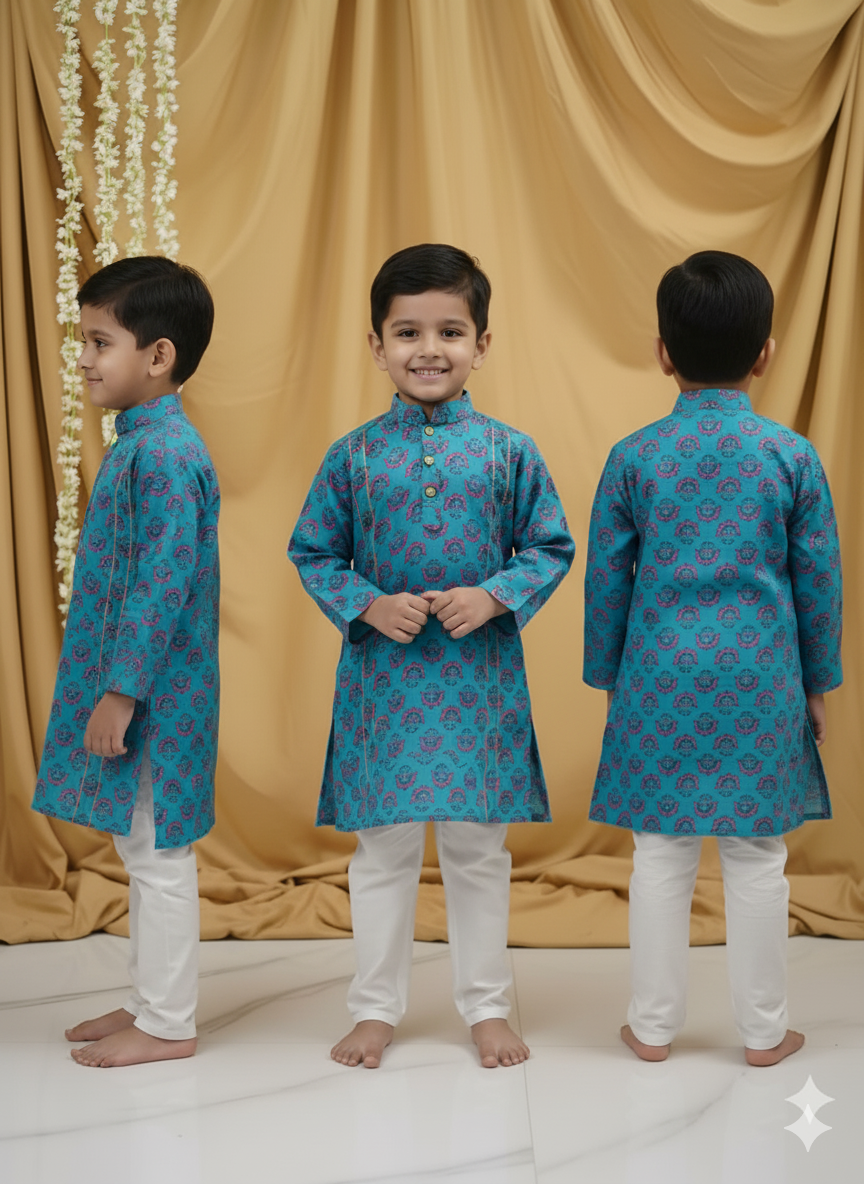 GenBeta Kids Baby Boys Ethnic Kurta Pyjama Set | Blue Festive & Wedding | Traditional Indian Outfit for Special Occasions | Pack of 1