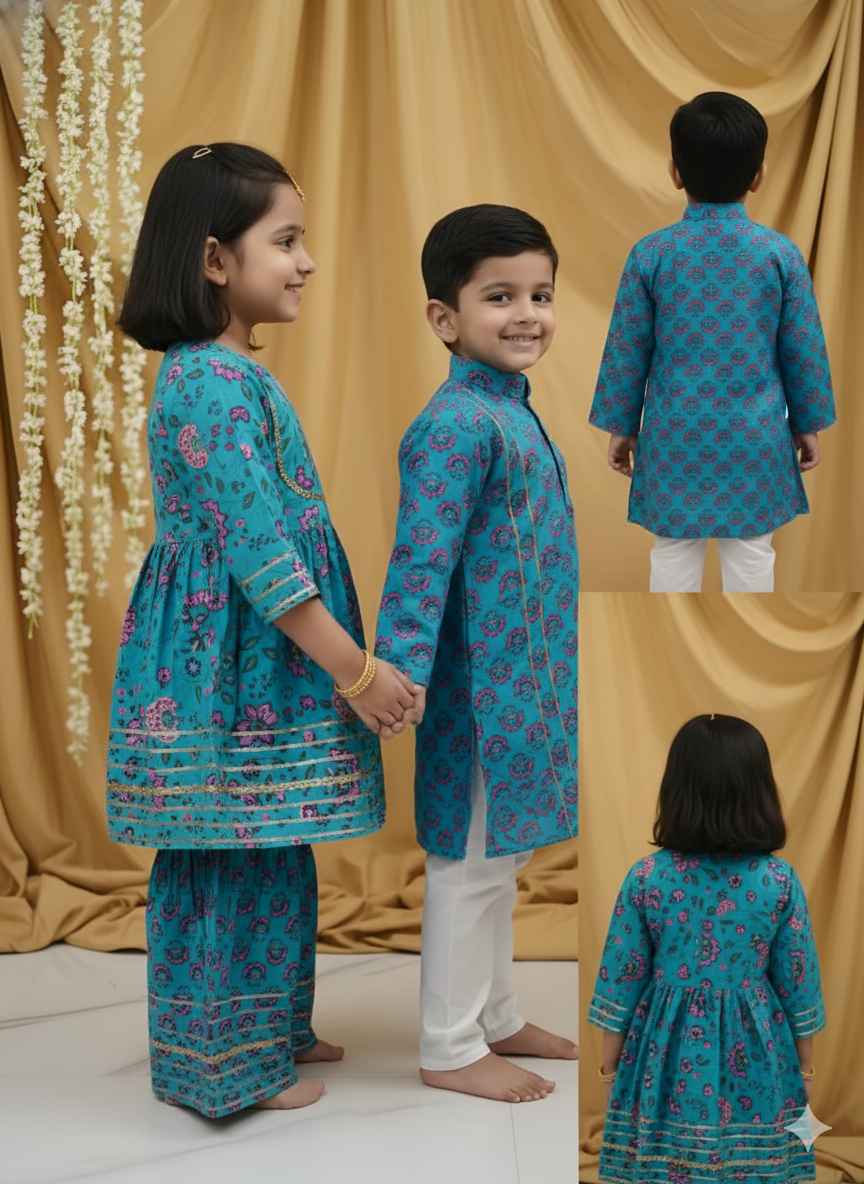 GenBeta Kids Sibling Ethnic Wear Set | Combo of Girls Floral Sharara Suit & Boys Kurta Pajama | Indian Traditional Festive & Wedding Outfit (Copy) (Copy)