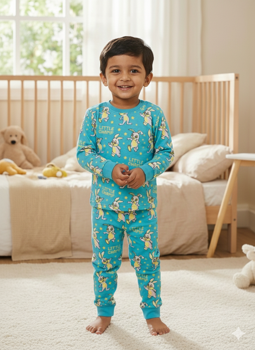 GenBeta Kids Unisex Cotton Baba Suit | “Little Champ” Bunny Print Full Sleeve Top & Pyjama Set for Boys & Girls (Standard, Blue, 1-2 Year)