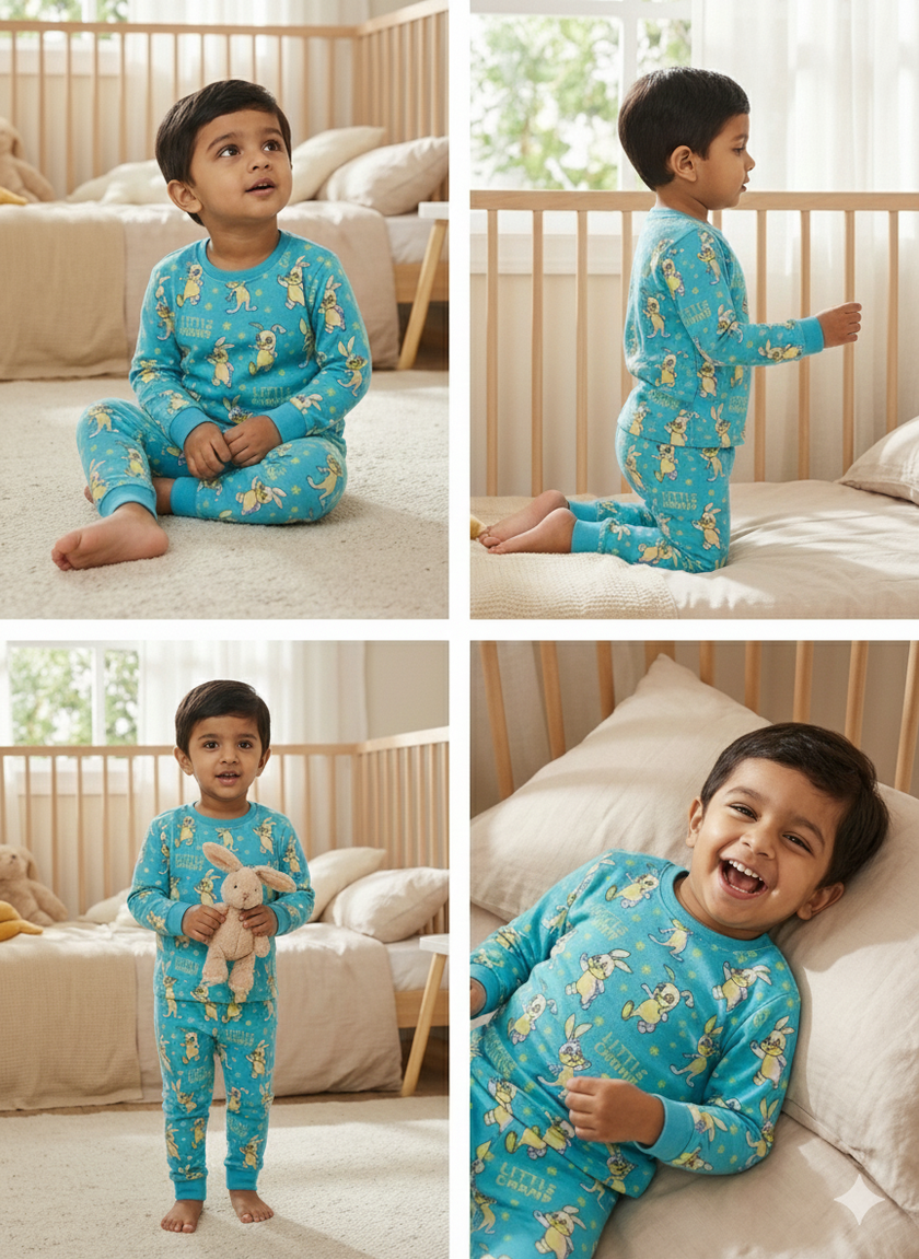 GenBeta Kids Unisex Cotton Baba Suit | “Little Champ” Bunny Print Full Sleeve Top & Pyjama Set for Boys & Girls (Standard, Blue, 1-2 Year)