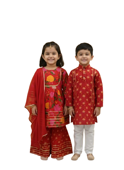 GenBeta Kids Sibling Ethnic Wear Set | Combo of Girls Floral Sharara Suit & Boys Kurta Pajama | Indian Traditional Festive & Wedding Outfit