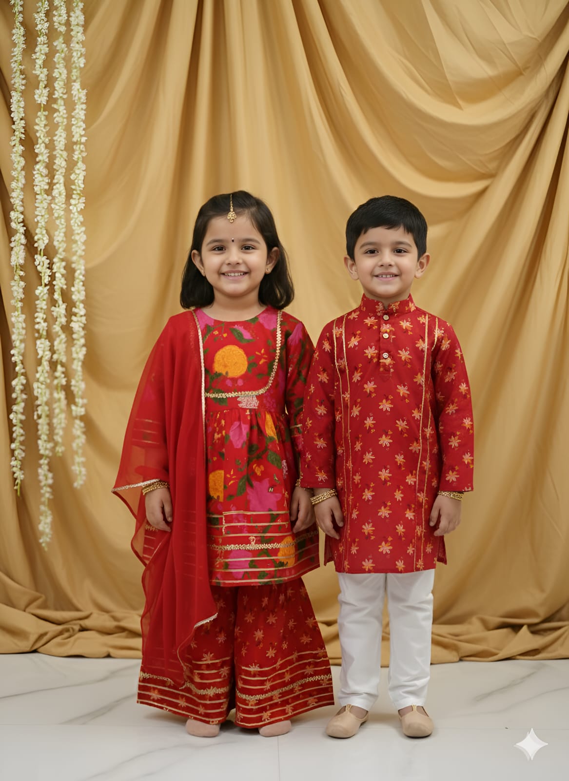 GenBeta Kids Sibling Ethnic Wear Set | Combo of Girls Floral Sharara Suit & Boys Kurta Pajama | Indian Traditional Festive & Wedding Outfit