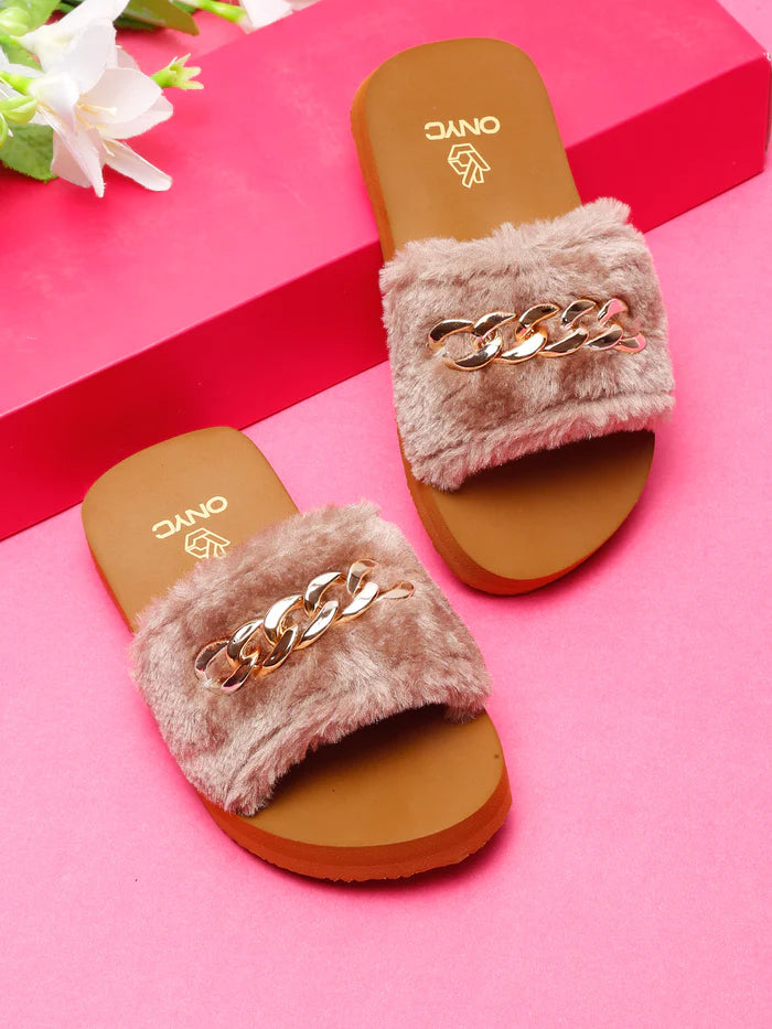 SuperComfy Brown Fur Sliders for Girls
