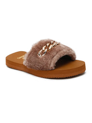 SuperComfy Brown Fur Sliders for Girls