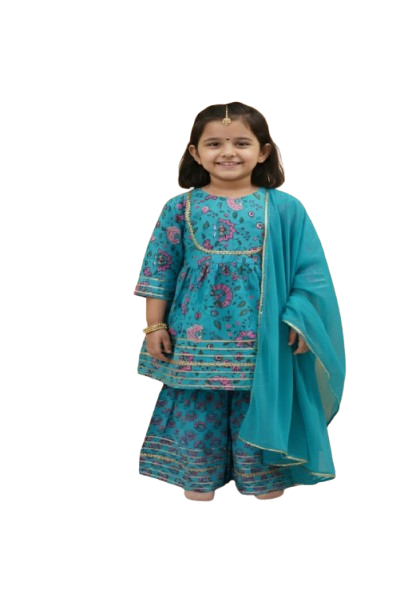 GenBeta Kids Girls Cotton Floral Print Kurti & Sharara Set with Gotta Work | 3/4 Sleeves | Festive & Ethnic Outfit