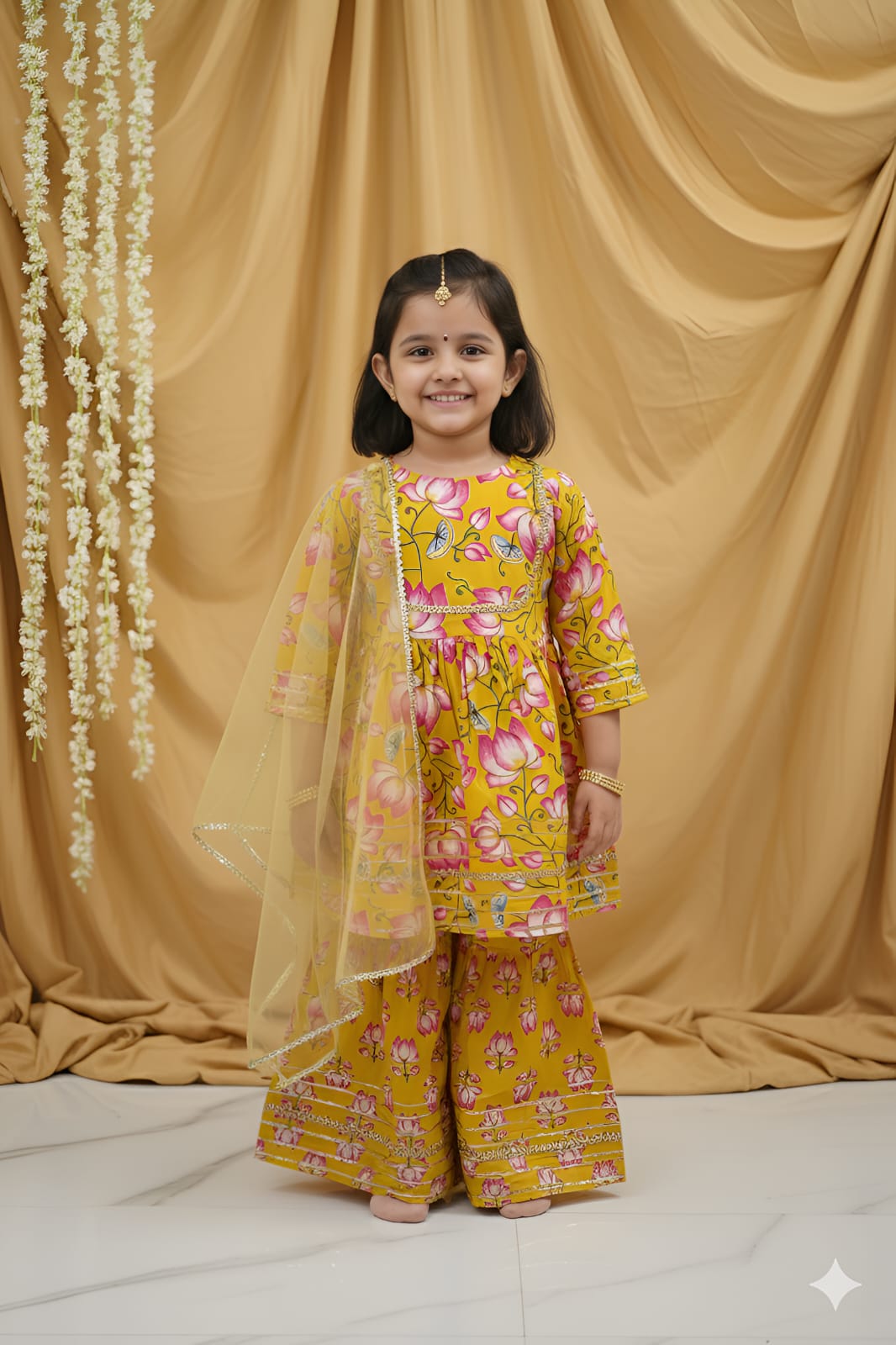GenBeta Kids Girls Cotton Floral Print Kurti & Sharara Set with Gotta Work | 3/4 Sleeves | Festive & Ethnic Outfit