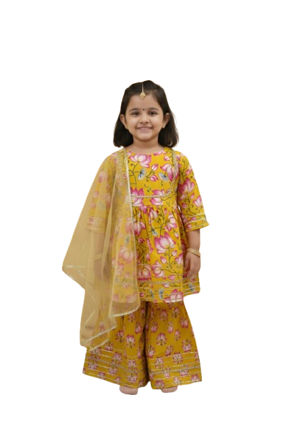 GenBeta Kids Girls Cotton Floral Print Kurti & Sharara Set with Gotta Work | 3/4 Sleeves | Festive & Ethnic Outfit