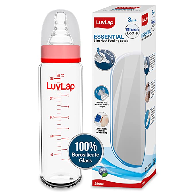 LuvLap S-Neck Glass Feeding Bottle – 250 ml | BPA Free, Anti-Colic Nipple