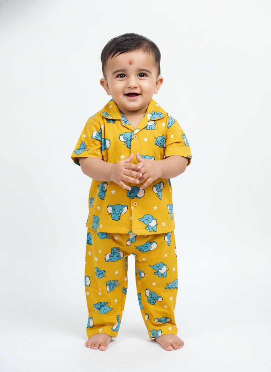 Smiling baby in yellow elephant print pajama set against white background