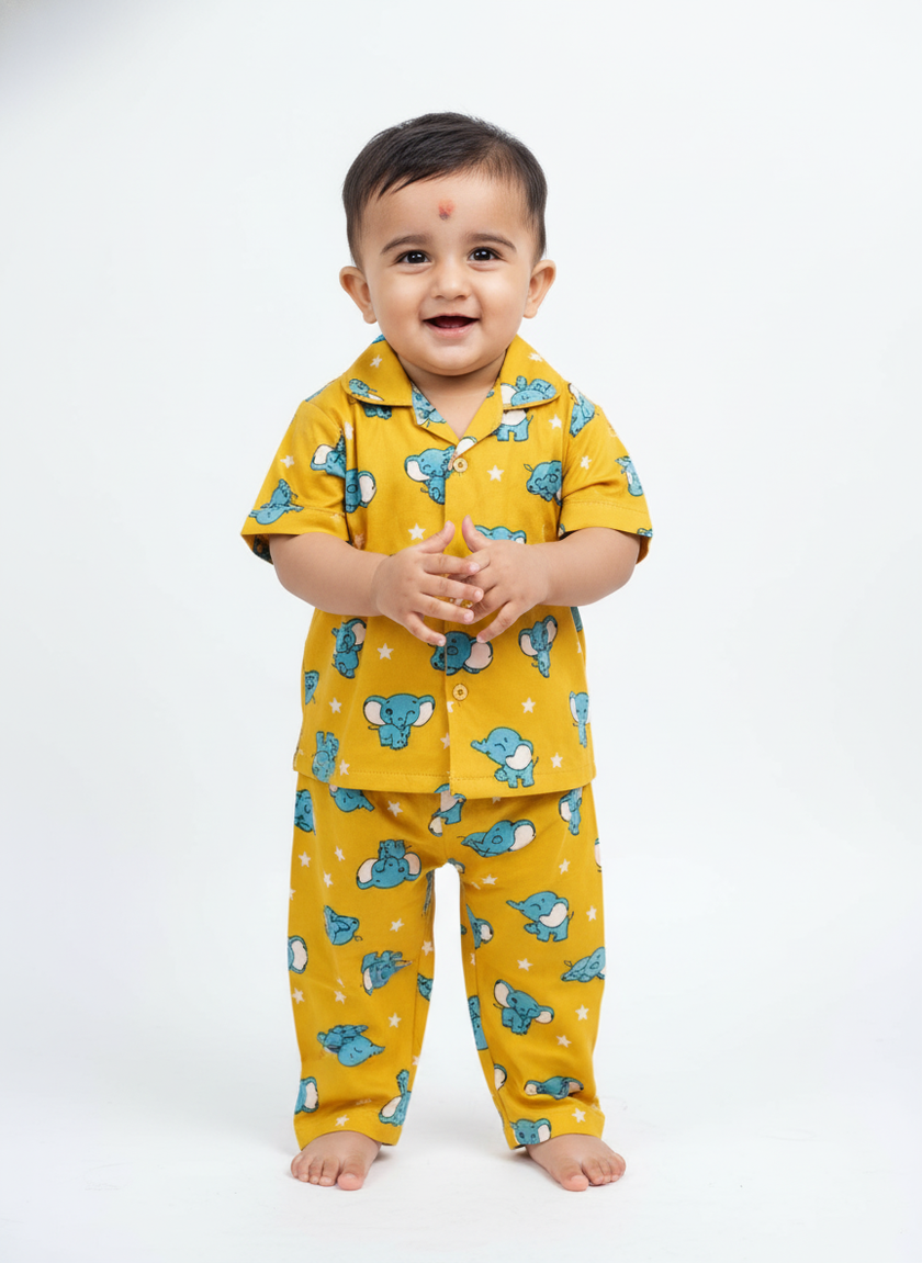 GenBeta Kids Unisex Cotton Nightwear Set | Short Sleeve Shirt & Pajama with Cute Elephant Print | Soft & Breathable Daily Sleepwear for Babies & Toddlers