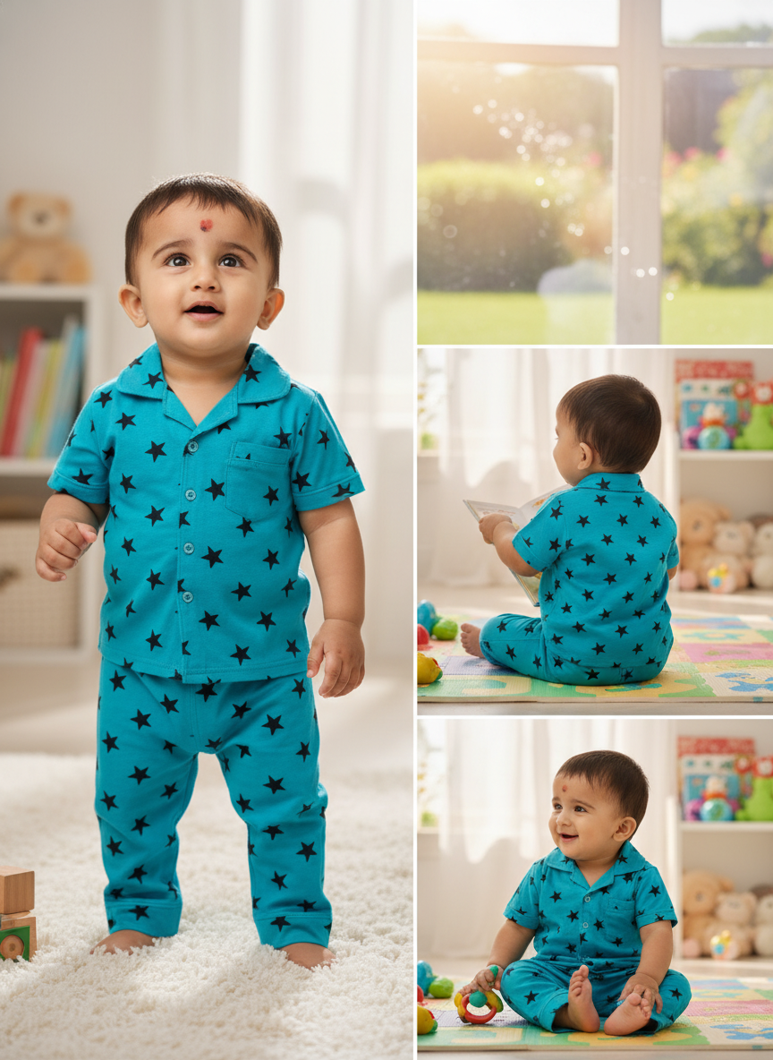 Baby in blue star print pajamas playing and reading in a bright nursery setting