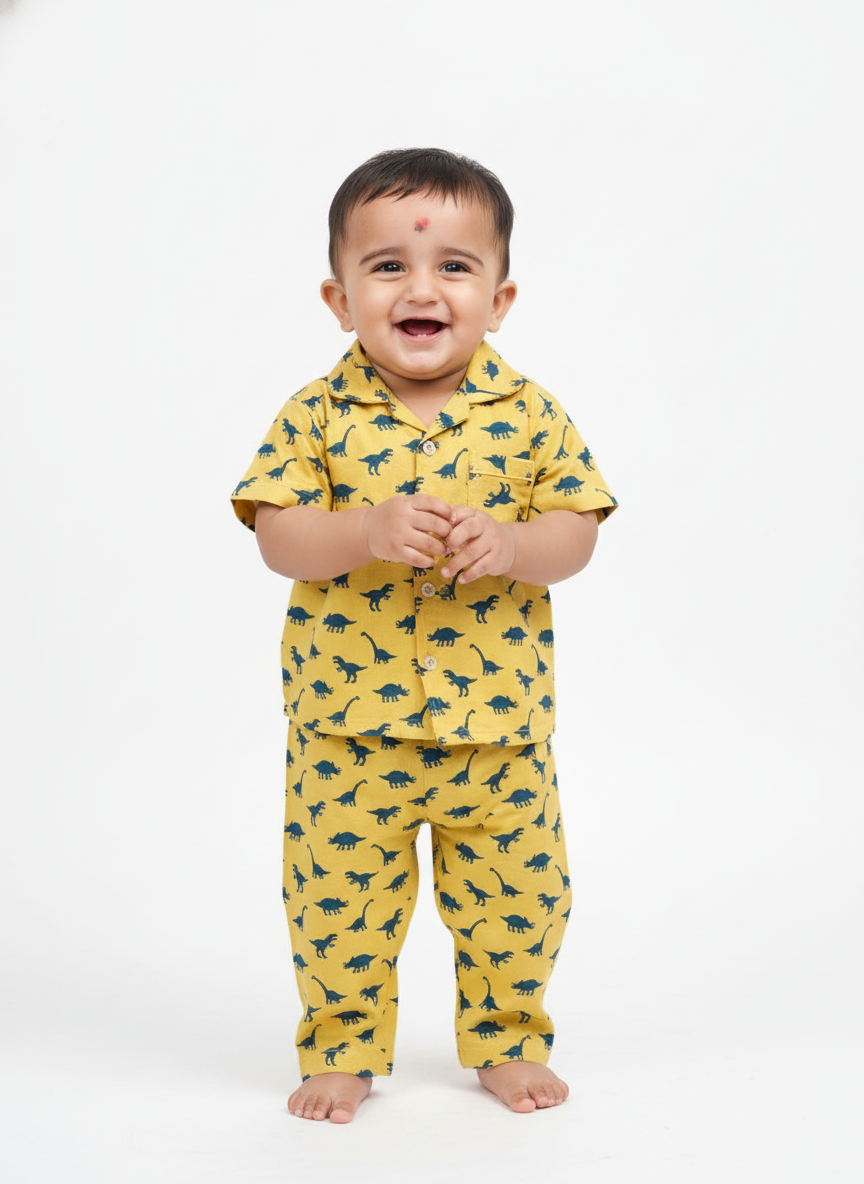 GenBeta Kids Unisex Cotton Nightwear Set | Short Sleeve Shirt & Pajama with Dinosaur Print | Soft & Breathable Daily Sleepwear for Babies & Toddlers