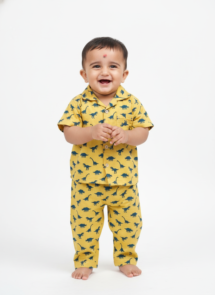 GenBeta Kids Unisex Cotton Nightwear Set | Short Sleeve Shirt & Pajama with Dinosaur Print | Soft & Breathable Daily Sleepwear for Babies & Toddlers
