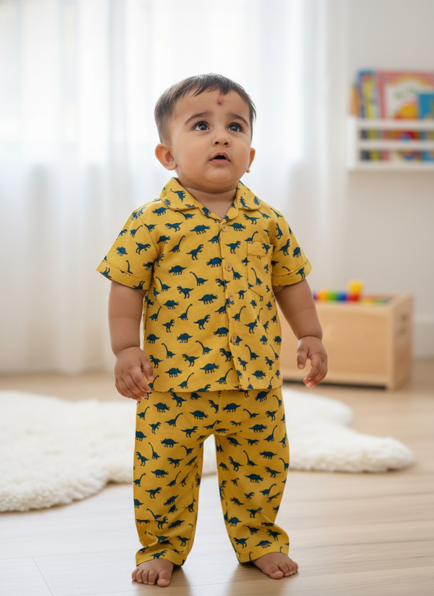 GenBeta Kids Unisex Cotton Nightwear Set | Short Sleeve Shirt & Pajama with Dinosaur Print | Soft & Breathable Daily Sleepwear for Babies & Toddlers