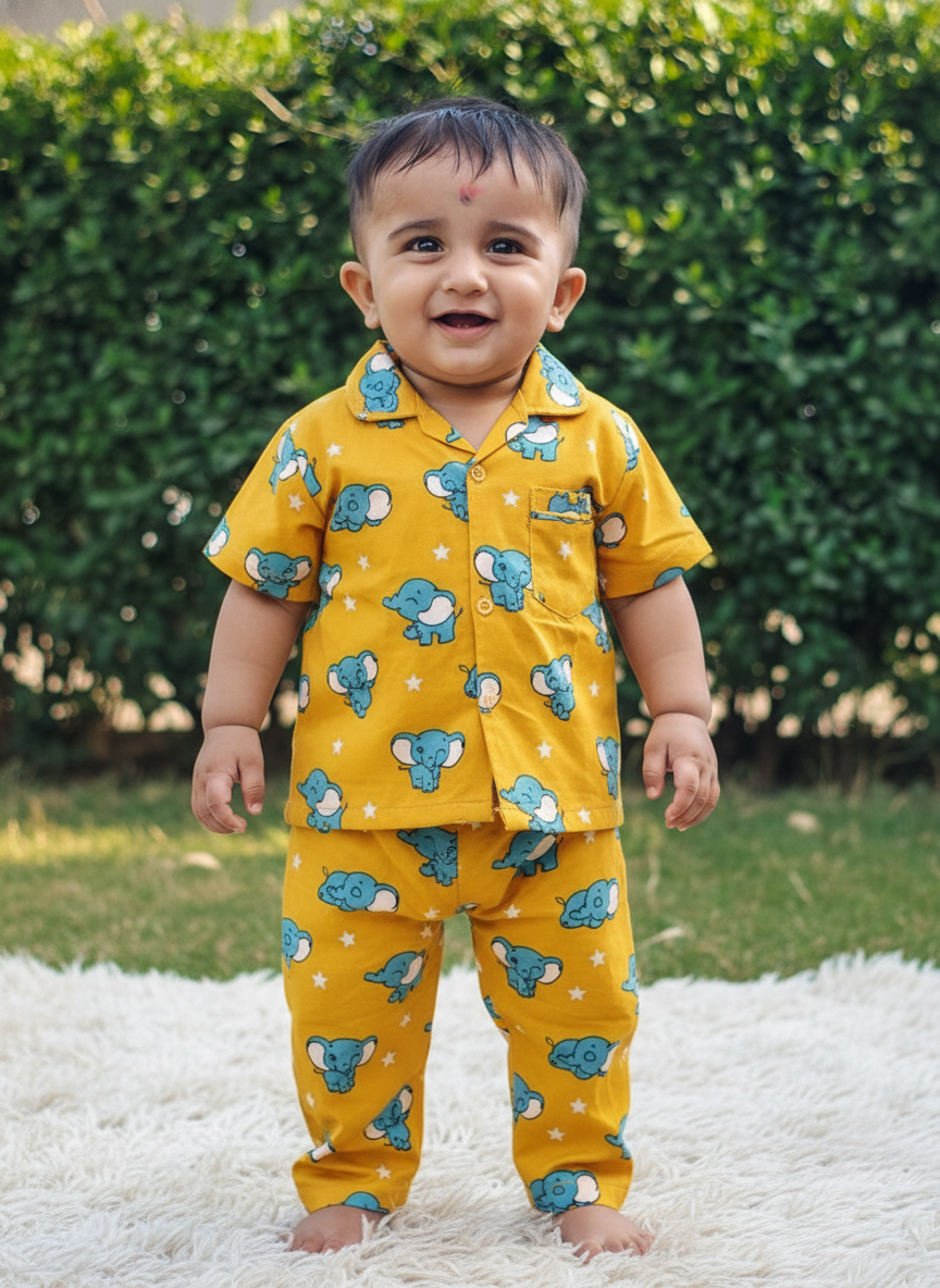 GenBeta Kids Unisex Cotton Nightwear Set | Short Sleeve Shirt & Pajama with Cute Elephant Print | Soft & Breathable Daily Sleepwear for Babies & Toddlers