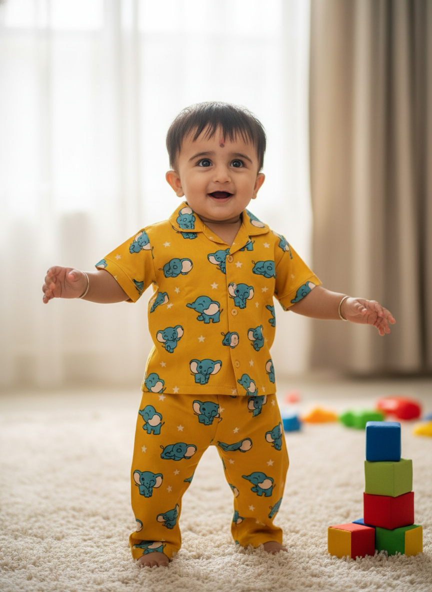 Smiling baby in yellow elephant print pajamas standing on carpet near colorful toy blocks