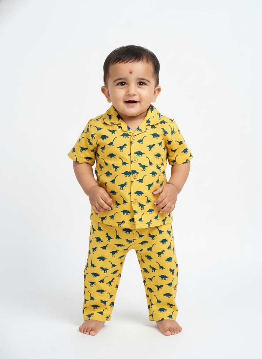 Smiling baby in yellow dinosaur print shirt and pants, standing on white background