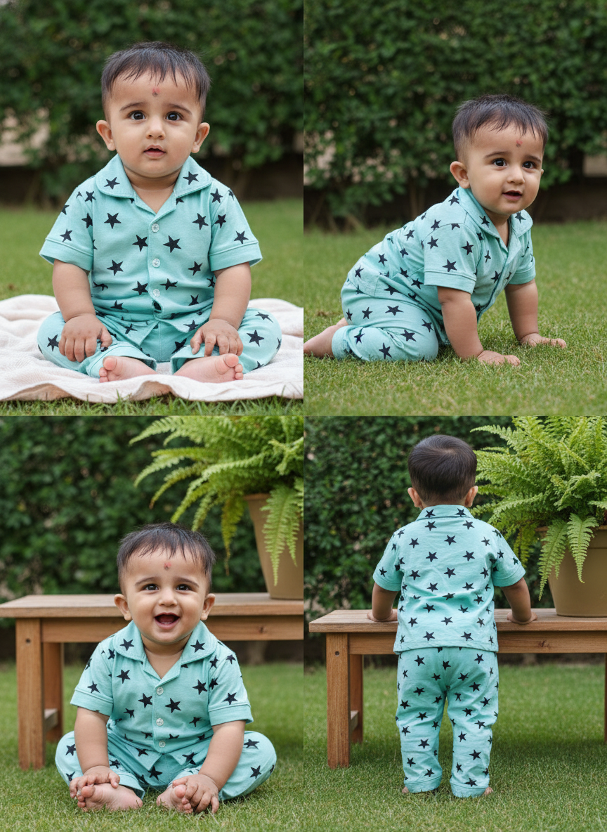 GenBeta Kids Unisex Cotton Nightwear Set | Short Sleeve Shirt & Pajama with Star Print | Soft & Breathable Daily Sleepwear for Babies & Toddlers (1-4 Y)