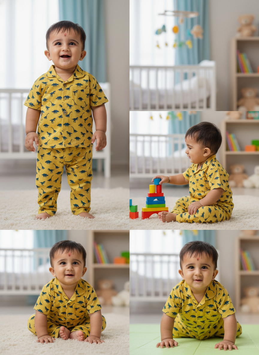 GenBeta Kids Unisex Cotton Nightwear Set | Short Sleeve Shirt & Pajama with Dinosaur Print | Soft & Breathable Daily Sleepwear for Babies & Toddlers