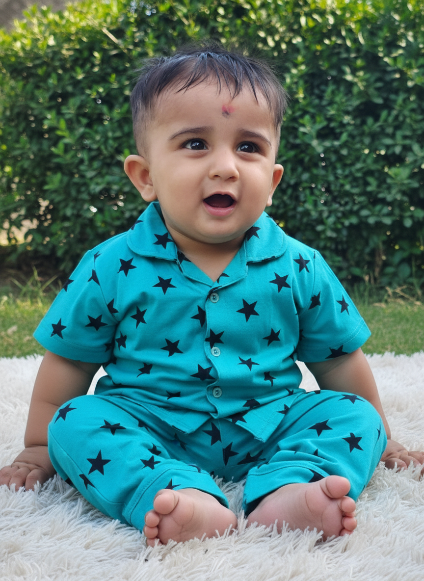 GenBeta Kids Unisex Cotton Nightwear Set | Short Sleeve Shirt & Pajama with Star Print | Soft & Breathable Daily Sleepwear for Babies & Toddlers