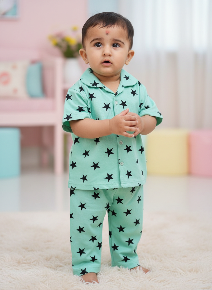 GenBeta Kids Unisex Cotton Nightwear Set | Short Sleeve Shirt & Pajama with Star Print | Soft & Breathable Daily Sleepwear for Babies & Toddlers (1-4 Y)